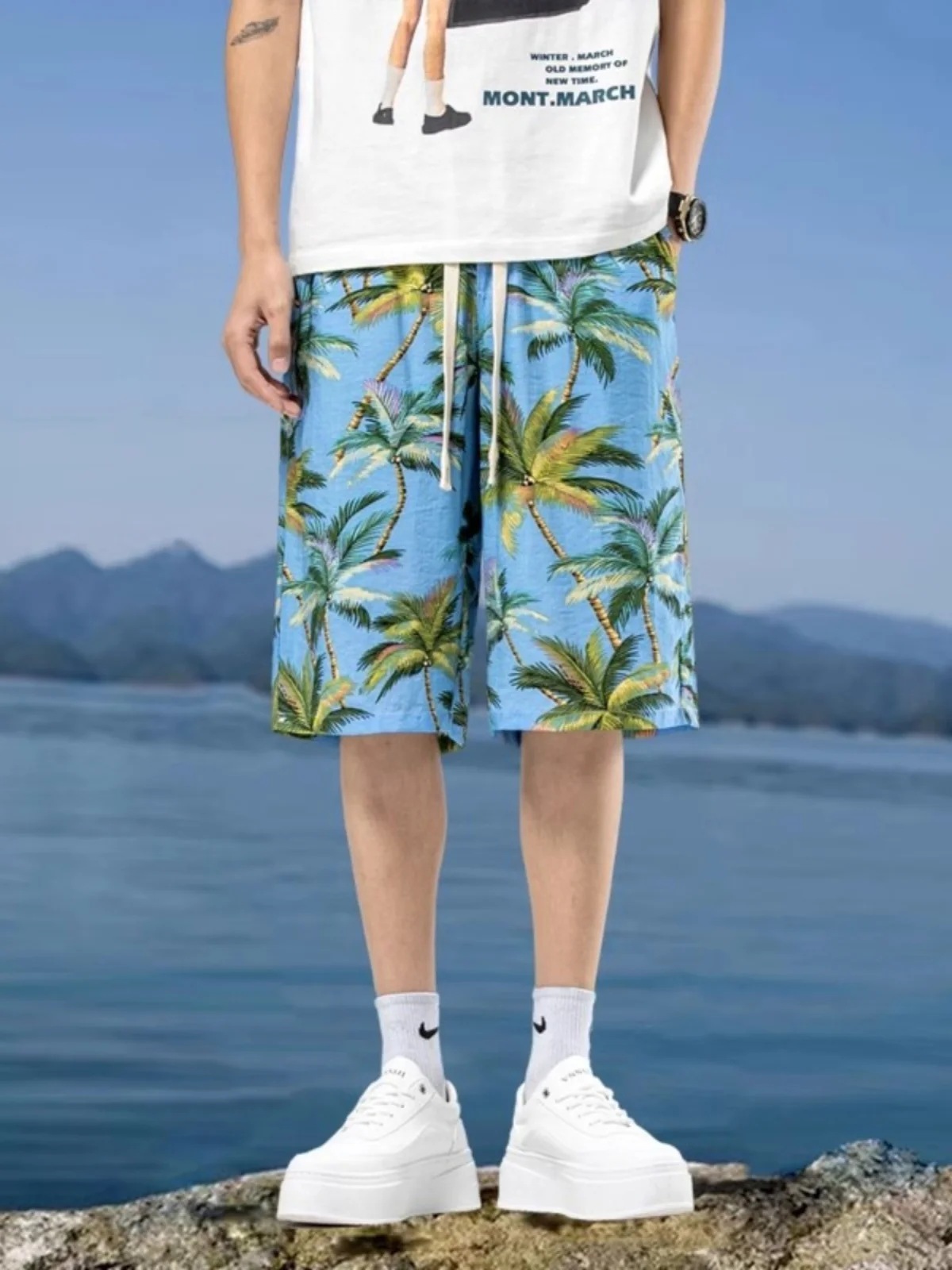 

Летние тонкие быстросохнущие пляжные шорты для мужчин: повседневные, легкие, длиной до колена, с модным принтом, больших размеров, удобные