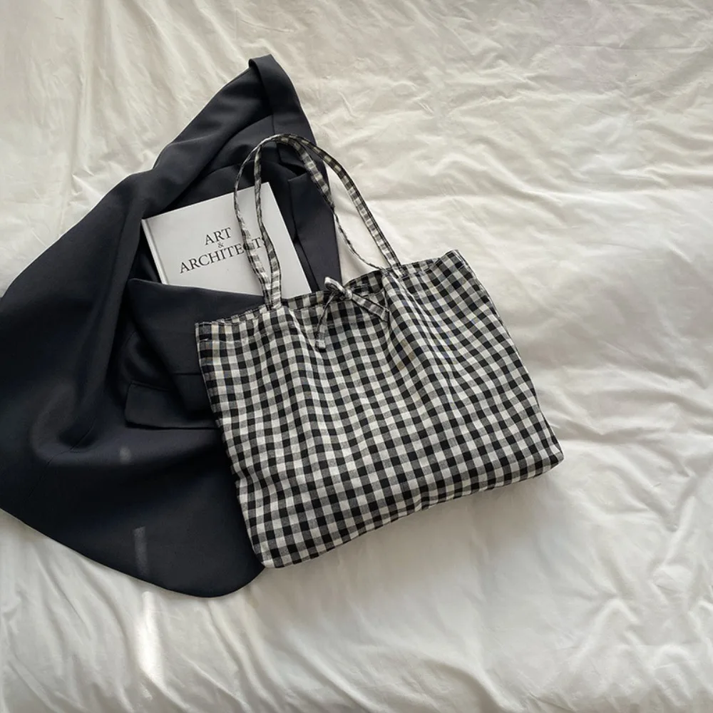 

Portable Bow Tie Design Plaid Shoulder Bag Korean Casual Plaid Tote Bags Lightweight Large Capacity Shopping Bag for Women