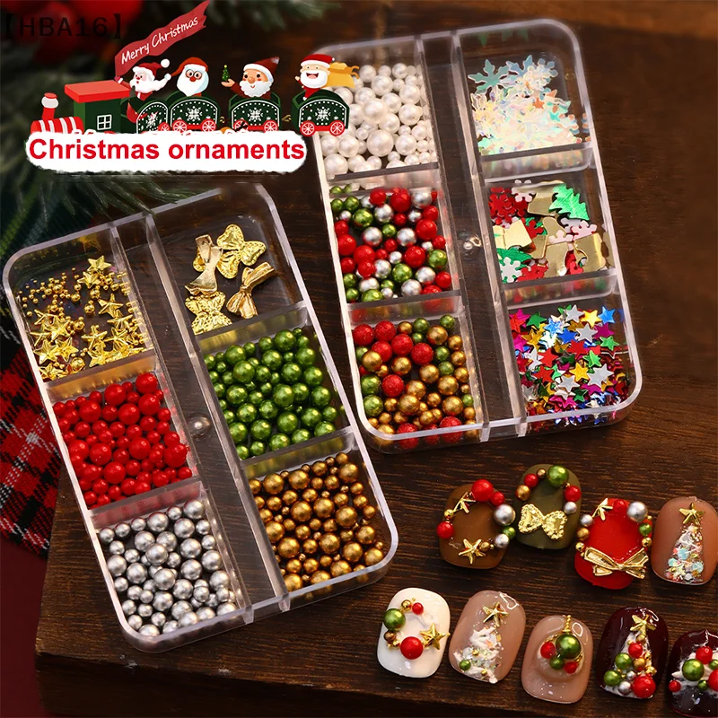 〔HBA16〕Christmas Red/Green Pearl Nail Rhinestone Mixed Size Pearlescent Colorful Beads Nali Charms Christmas Manicure Jewelry
