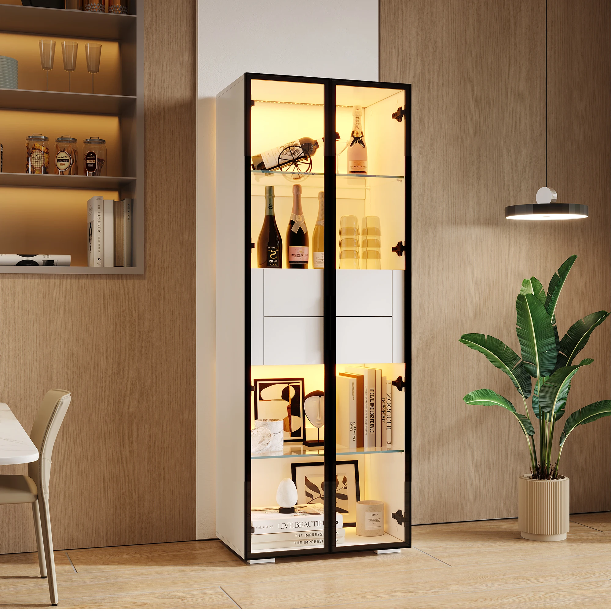 Vitrine de salon et de rangement - Meuble avec éclairage LED et 2 tiroirs, portes en verre, MDF, blanc, 60x40x160 cm