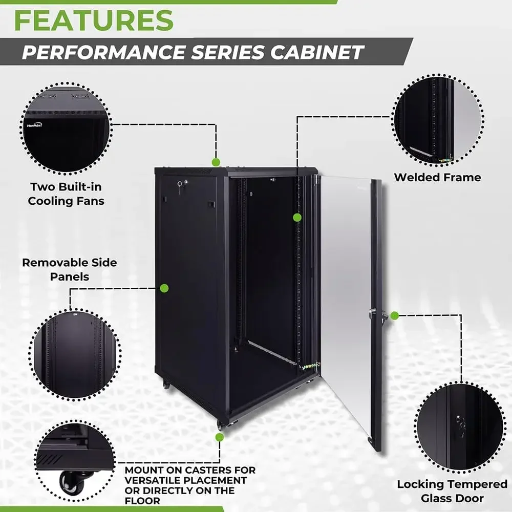 22U Server Cabinet Wall Mount Rack Enclosure with Caster Wheels, 2 Fans, Locking Glass Door, Removable Side Panels – 22U Network