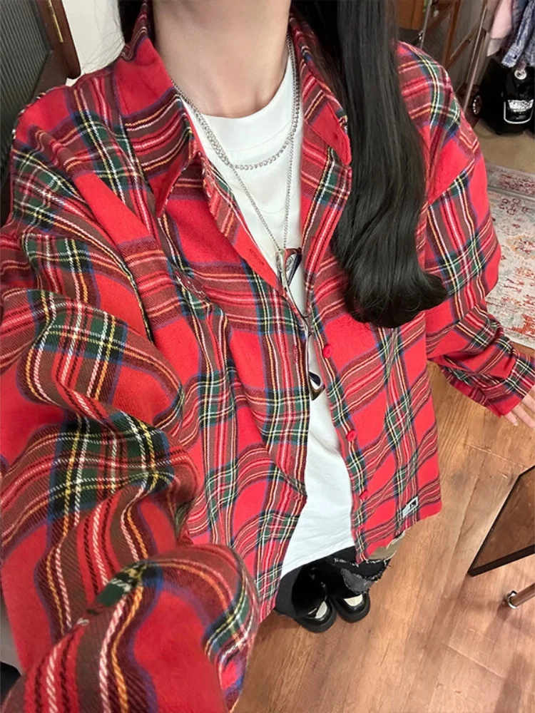 

Red Plaid irt Couple Sle American Retro Cleanfit Jaet Spring Autumn Casual irt Loose Fit Button up No Iron Treaent