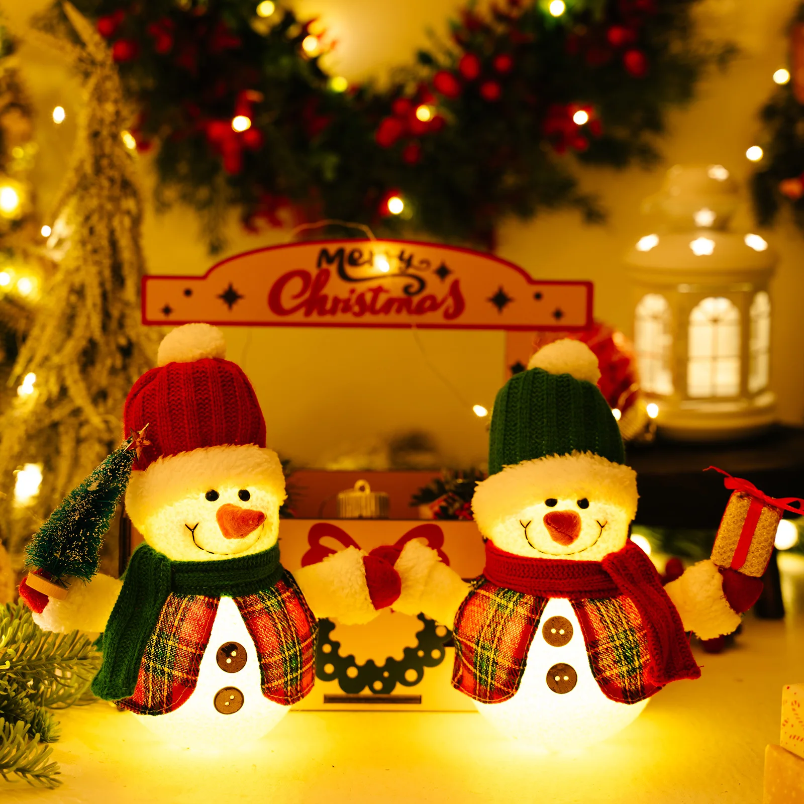 

2PCS Snowman Christmas Decorations Light Up Christmas Plush Doll Ornaments Snowman Hat Leprechaun Dwarf Gift Home Table Decor