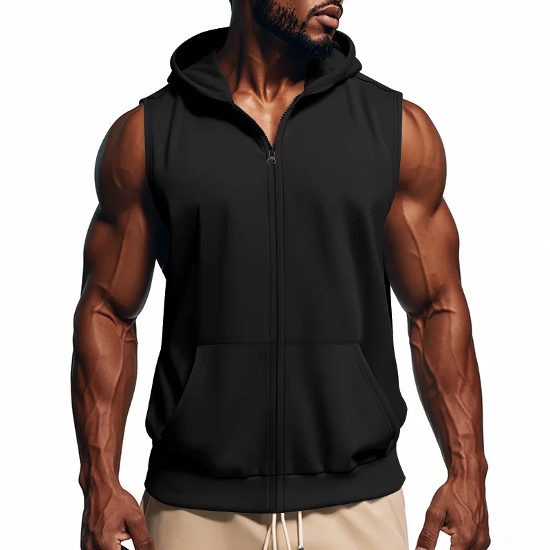 American Summer Neue Kapuzenweste für Herren, Sport, Fitness, Training, Reißverschluss, Strickjacke, ärmellose Weste – Detail 7