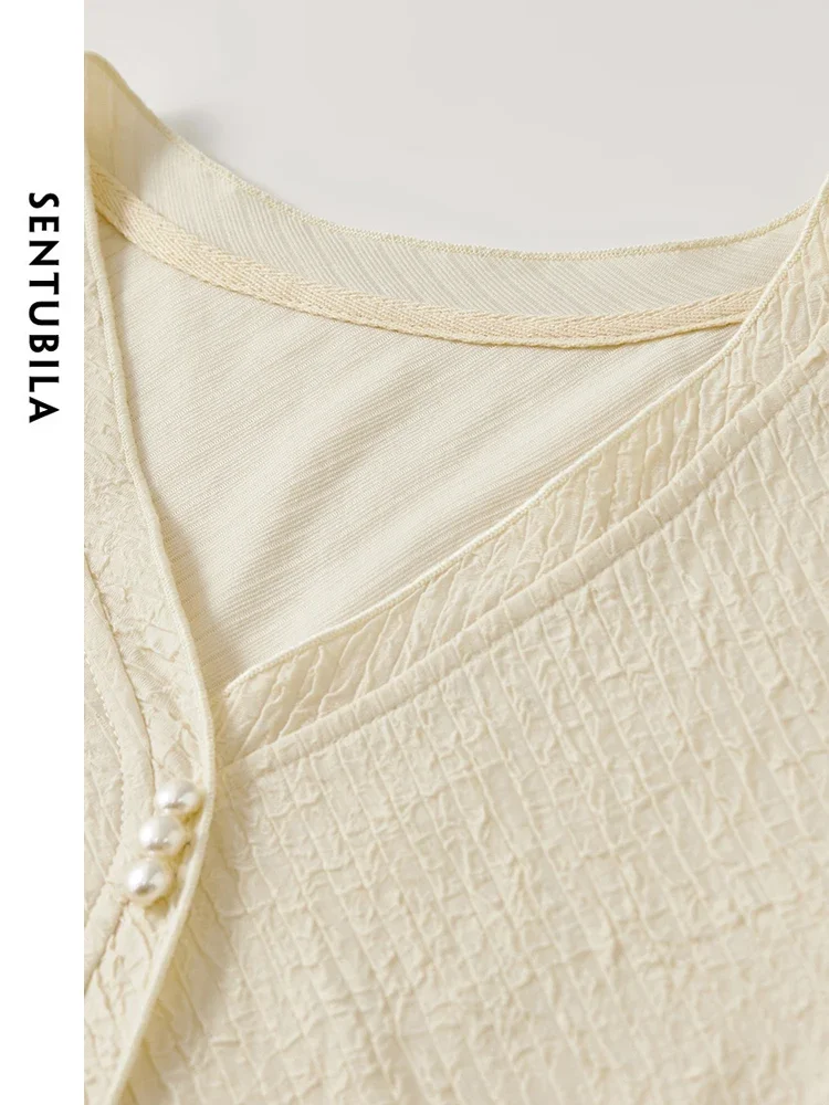 SENTUBILA المرأة الملمس سترة مشغولة من الصوف 2025 الربيع مستقيم اللؤلؤ زر الخامس الرقبة طويلة الأكمام Comt أعلى 143H56832