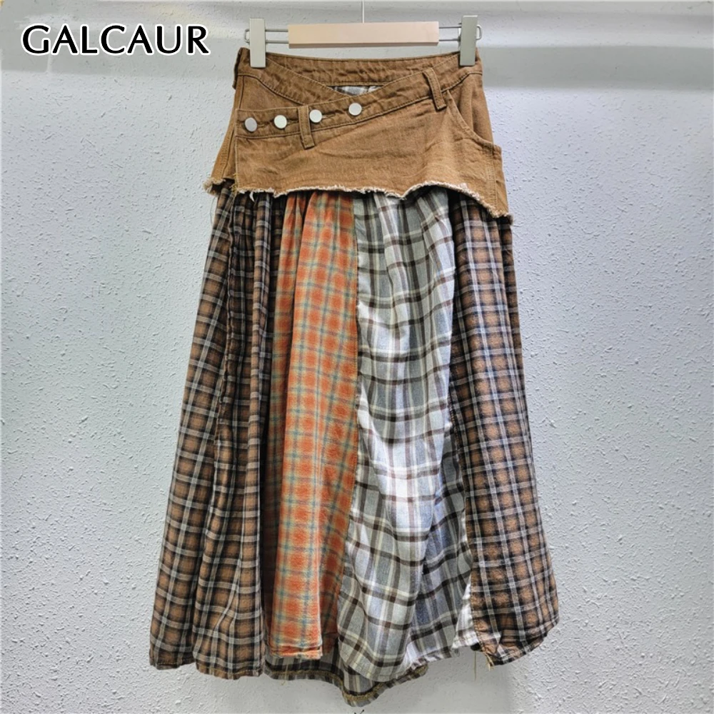 

GALCAUR Hit Color Spliced Plaid American Retro Skirt Female High Waist Loose Irregular Women's Skirts Fashion Autumn Style New