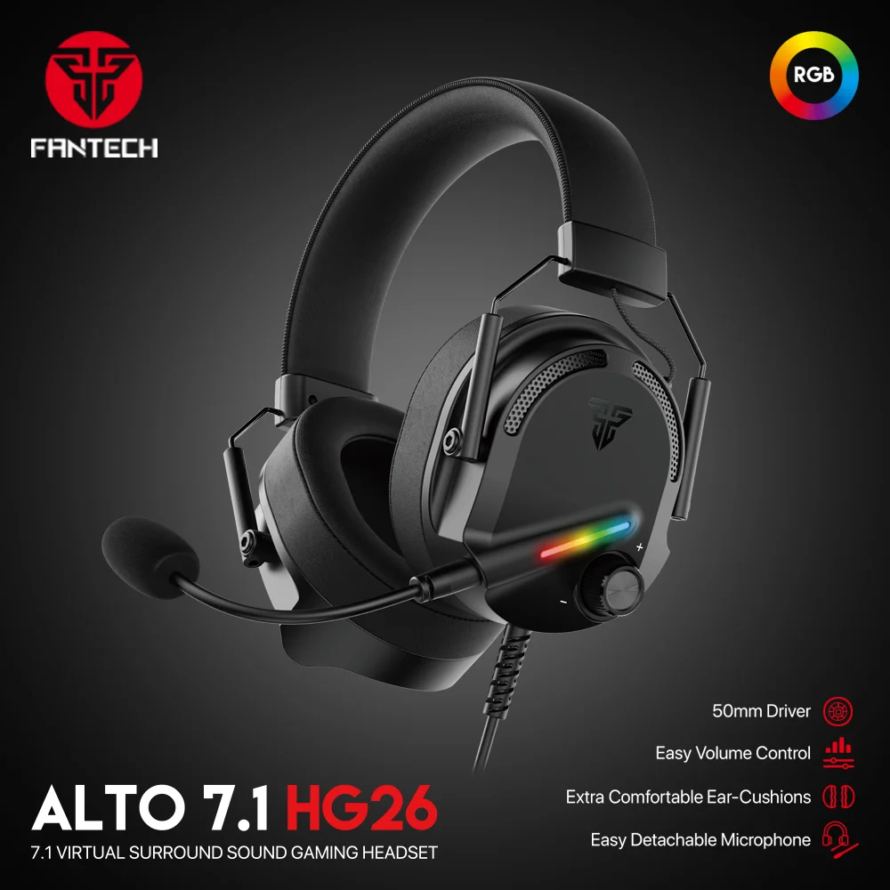 FANTECH ALTO 7.1 HG26 Gaming Headset Witch Noise Cancelling Detachable Microphone Surround Sound RGB Wired USB Headphone For PC