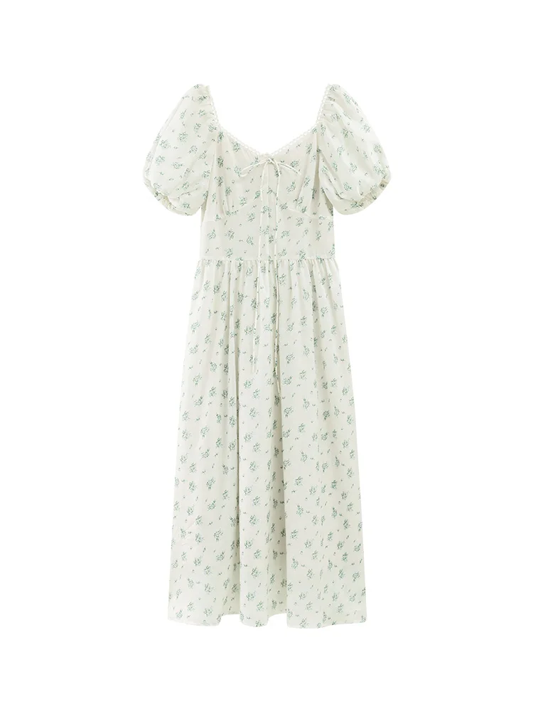 Elegant Floral Puff Sleeve Dress for Women Summer French Style Long Sundress with Square Neck Lightweight Vintage Casual Outfit