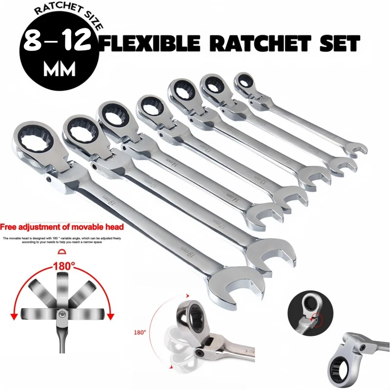 Adjustable Ratchet Wrench 8mm-12mm Flexible Combination Wrench Repair Quick Spanner for Bike Cars Mechanical Workshop Hand Tools