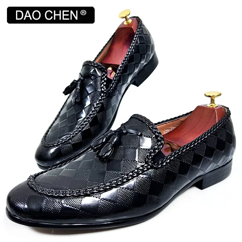 ITALIAN MEN LEATHER SHOES FASHION PLAID PRINT WEAVE CASUAL SHOES BLACK BROWN WEDDING OFFICE DRESS MAN SHOES LOAFERS MEN