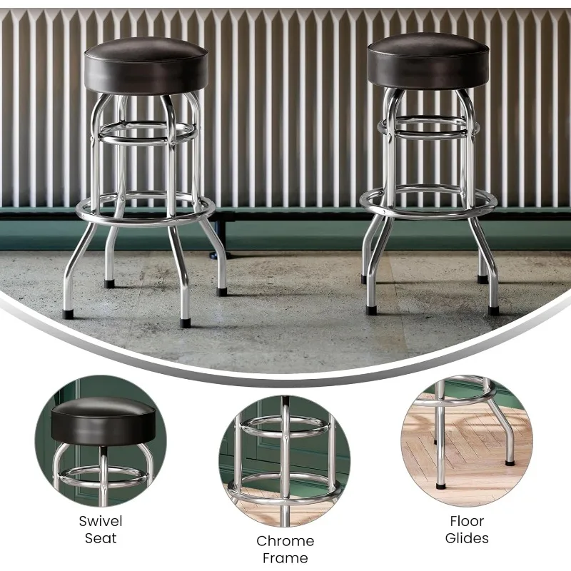 Bruno Doppelring-Barhocker aus Chrom mit dunkelbraunem Sitz