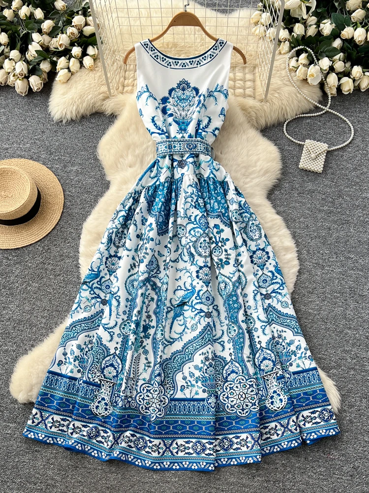 เดรสยาวพิมพ์ลายเอวสูงสำหรับผู้หญิง ดีไซน์ผูกเอวทันสมัย เหมาะสำหรับฤดูร้อนและใส่ไปทำงาน