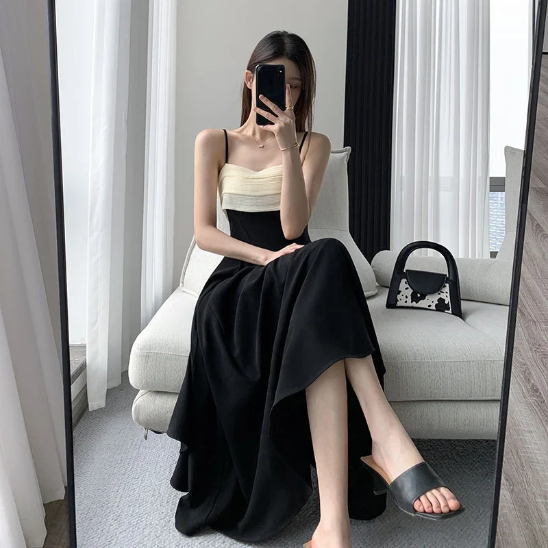 Black Patchwork Spaghetti Strap Dress A-Line High Waist Vintage Midi Dress Elegant Summer Dress Vestidos