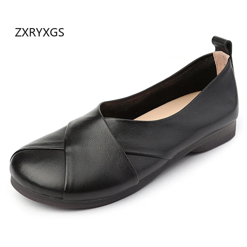 

ZXRYXGS Top Layer Cowhide Shallow Mouth Women's Flats Fashion Casual Shoes Large Size Soft Sole Office Work Banquet Shoes 2025