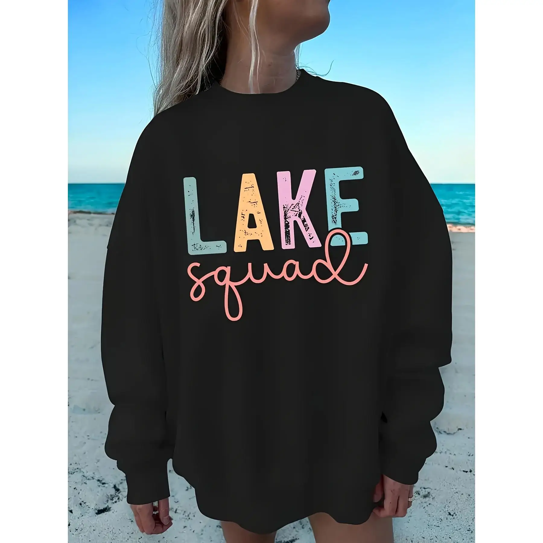 

Women Lake Squad Sweatshirt Funny Graphic Crewneck Pullover Vacation Tops Summer Travel Loose Jumper