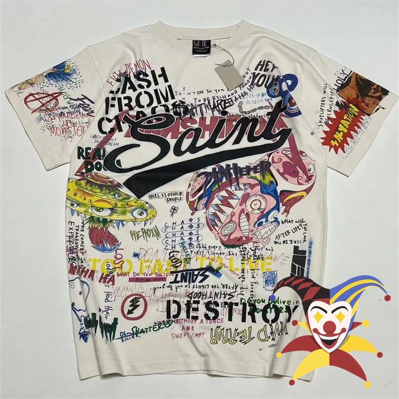 Graffiti Print Vintage Saint T-Shirt Men Women Round Neck Washed T Shirt Tops Tee