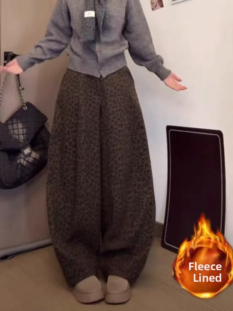 Retro leopardo impressão fce forrado calças casuais femininas outono inverno novo tamanho grande cintura alta solta emagrecimento drapeado perna larga...