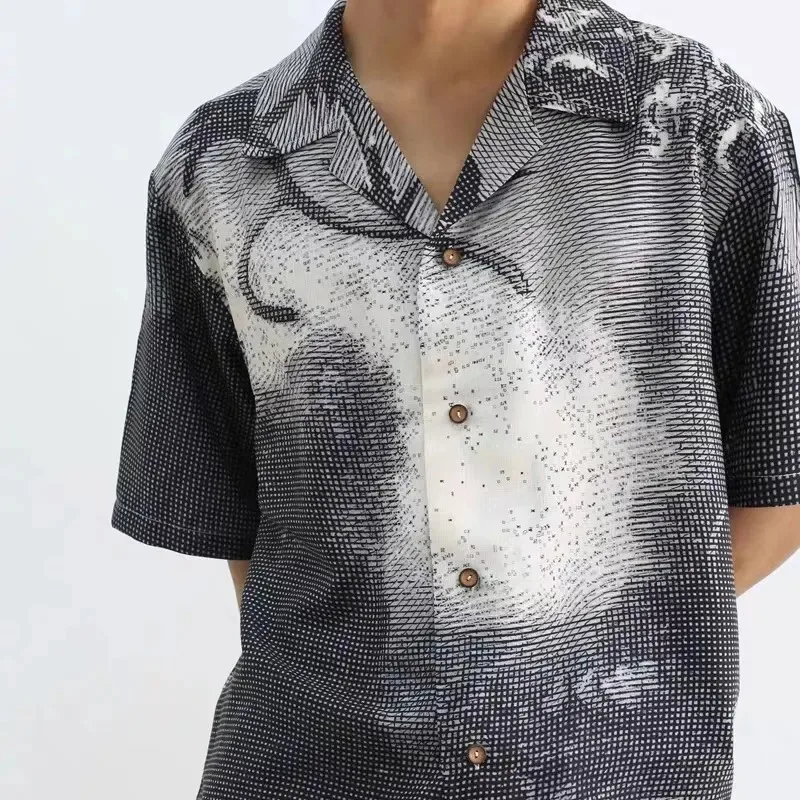 Vintage Print Men Cuban Collar Short Sleeve Shirt Bamboo Texture Fabric Hawaiian Style Casual Daily Vacation Tops S-3XL