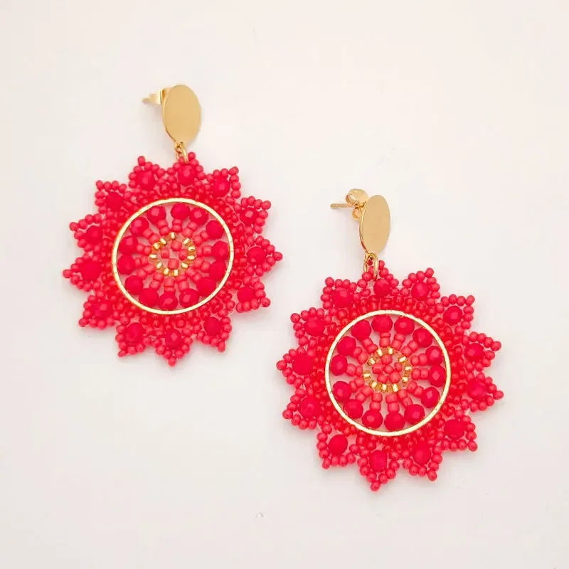 ZGMXR Sunflower Red Rice Bead Earrings Bohemia Crystal Fashion Hand Knitting Alloy Simple Beaded Earring Versatile Design