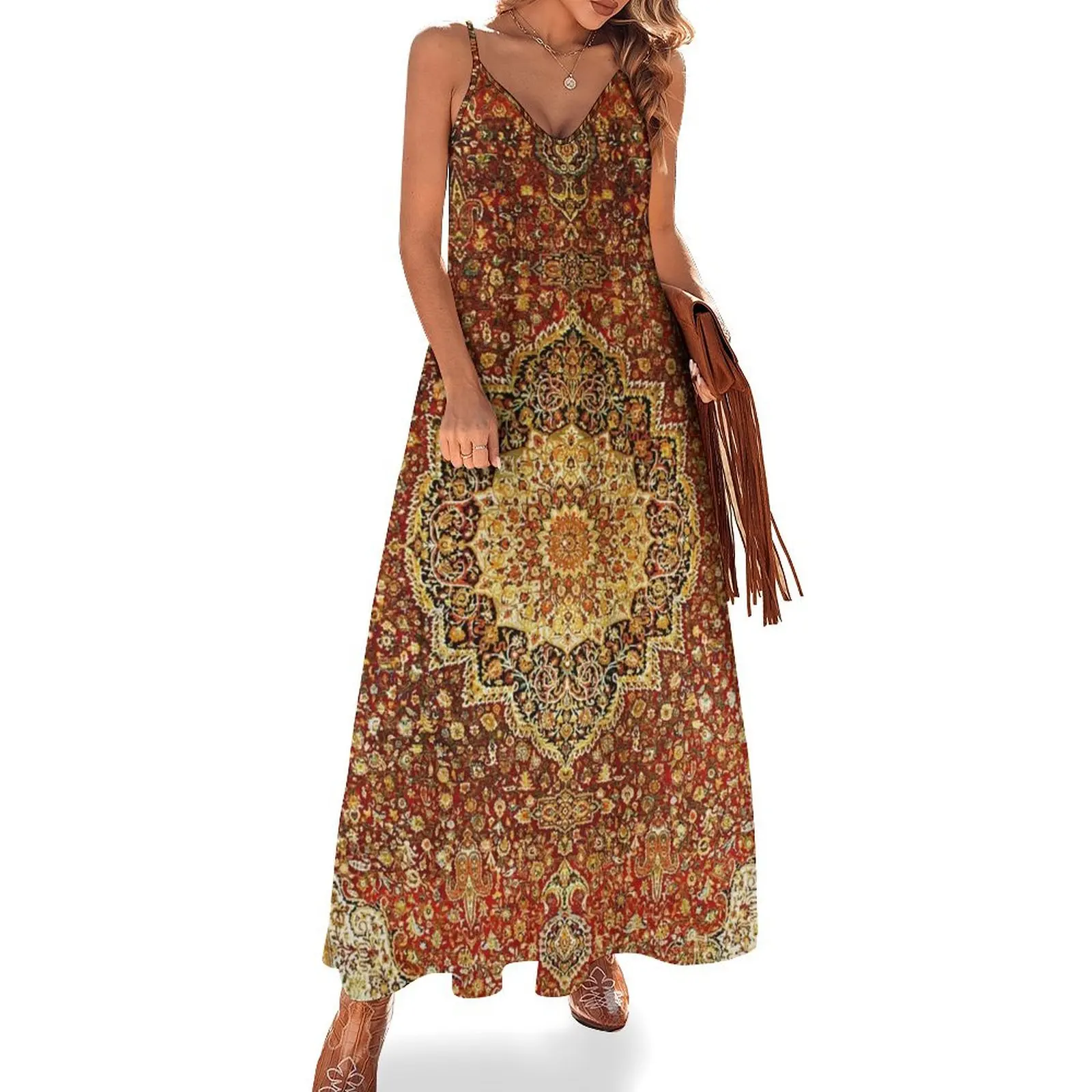 

Khorasan Antique Persian Carpet Print Sleeveless Long Dress women clothes Elegant gown Dress