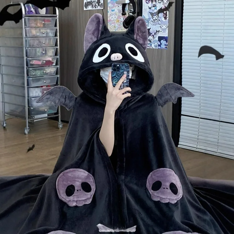 Kawaii Cartoon Winter Bat Blanket Plush Pajamas Anime Cloak Costume Halloween Cloak for Adults Ponchos Women Hooded Cape