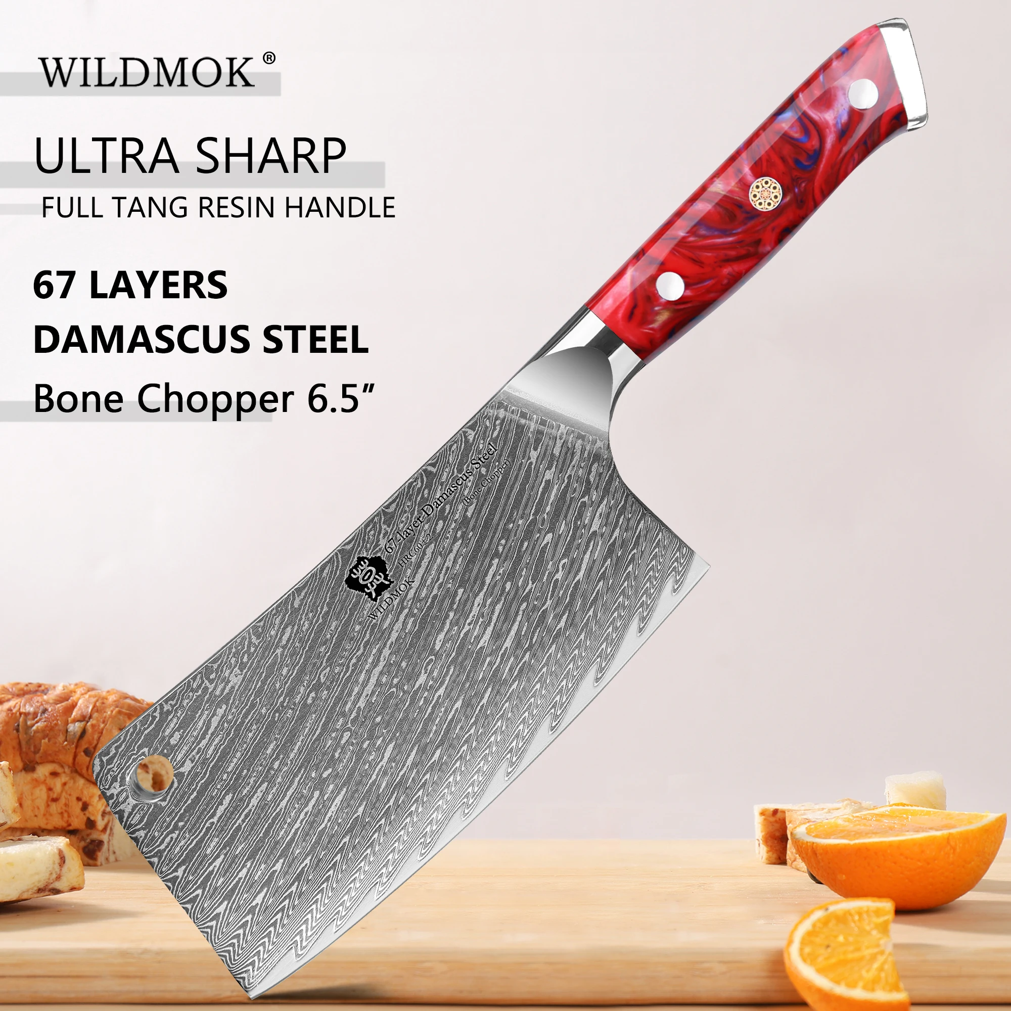 WILDMOK Damascus Bone Chopping Knife, VG10 Core Blade, Non-Slip Polished Resin Handle, Heavy Weight Bone Cutting Knife for Bones