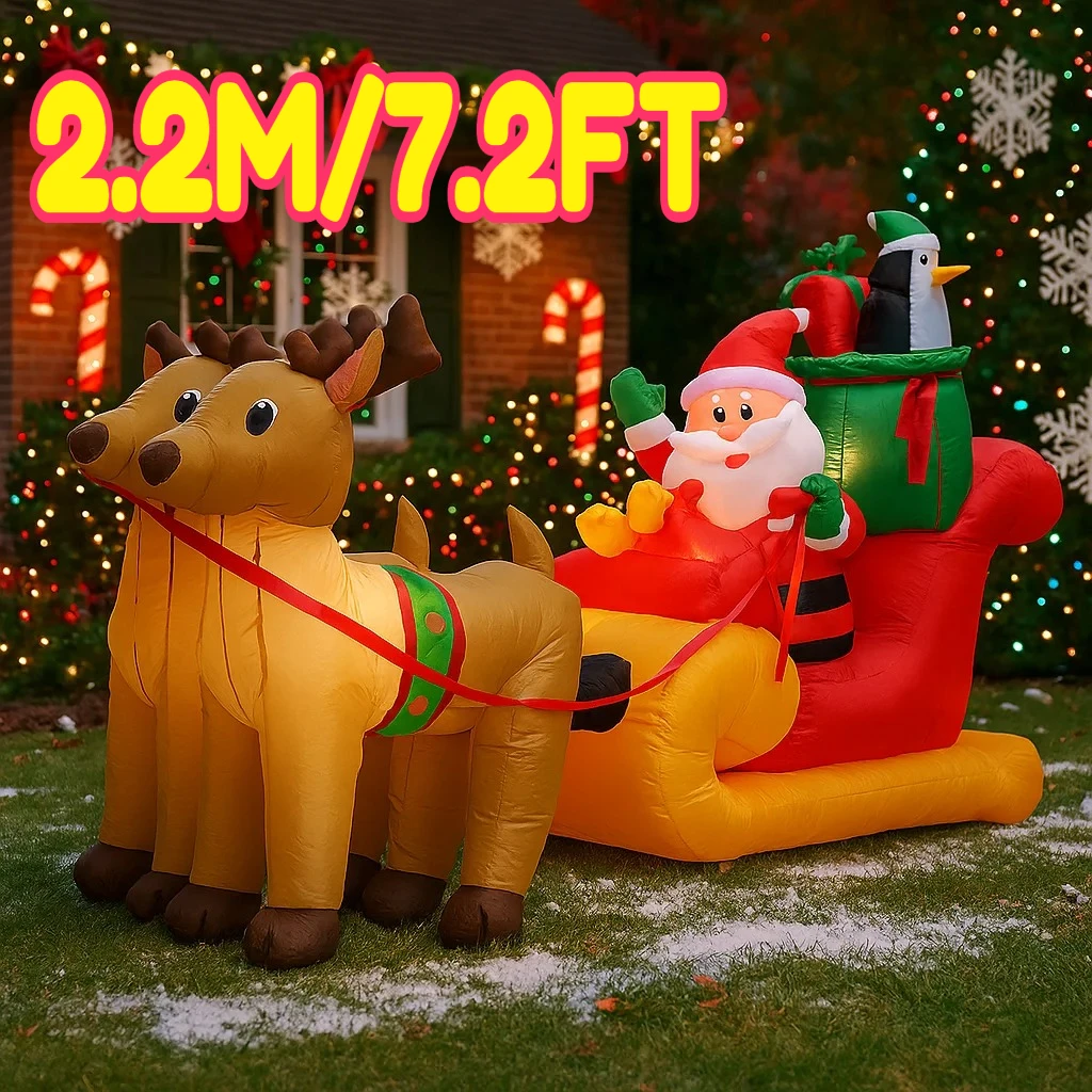 2.2M/7.2FT Inflatable Santa Claus on Sleigh with Reindeer Lights LED Home Decor Toys Yard Xmas Holiday Supplies Outdoor Decor