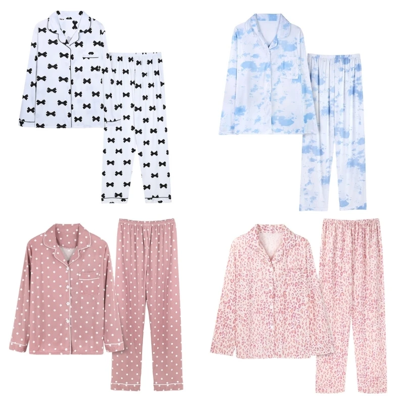 Colorful Printed Pajamas for Women Long Sleeve Sleepwear Lapel Button Down Shirts with Loose Pants Home Loungewear Set