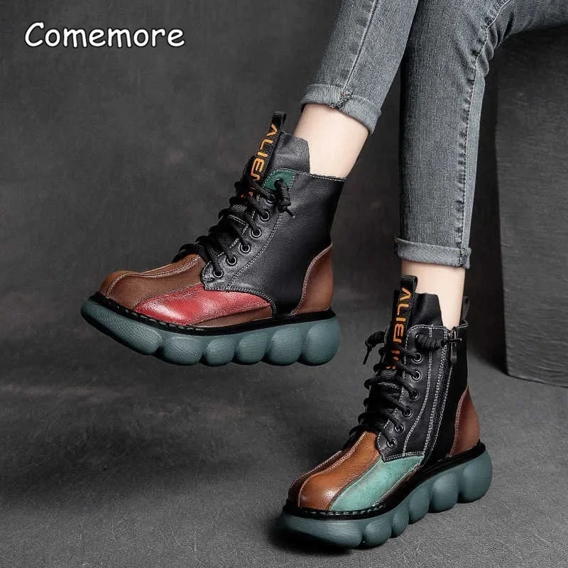 Comemore Women\'s Boots Fashion Chelsea Boot Vintage Short Leather Ankle Boots Autumn Winter 2022 New Leather Patchwork Platform