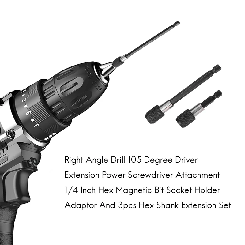 Rechtwinkliger Bohrer, 105-Grad-Treiberverlängerung, Power-Schraubendreher-Aufsatz, 1/4 Zoll Sechskant, magnetischer Bit-Stecknuss-Halter, Adapter und 3