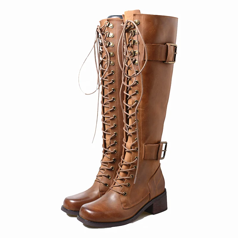 Genunine Leather Old Chunky Heels Retro Boots Women Round Toe Side Zipper Knee High Boots Ladies Buckles Lace-up Knight Boots