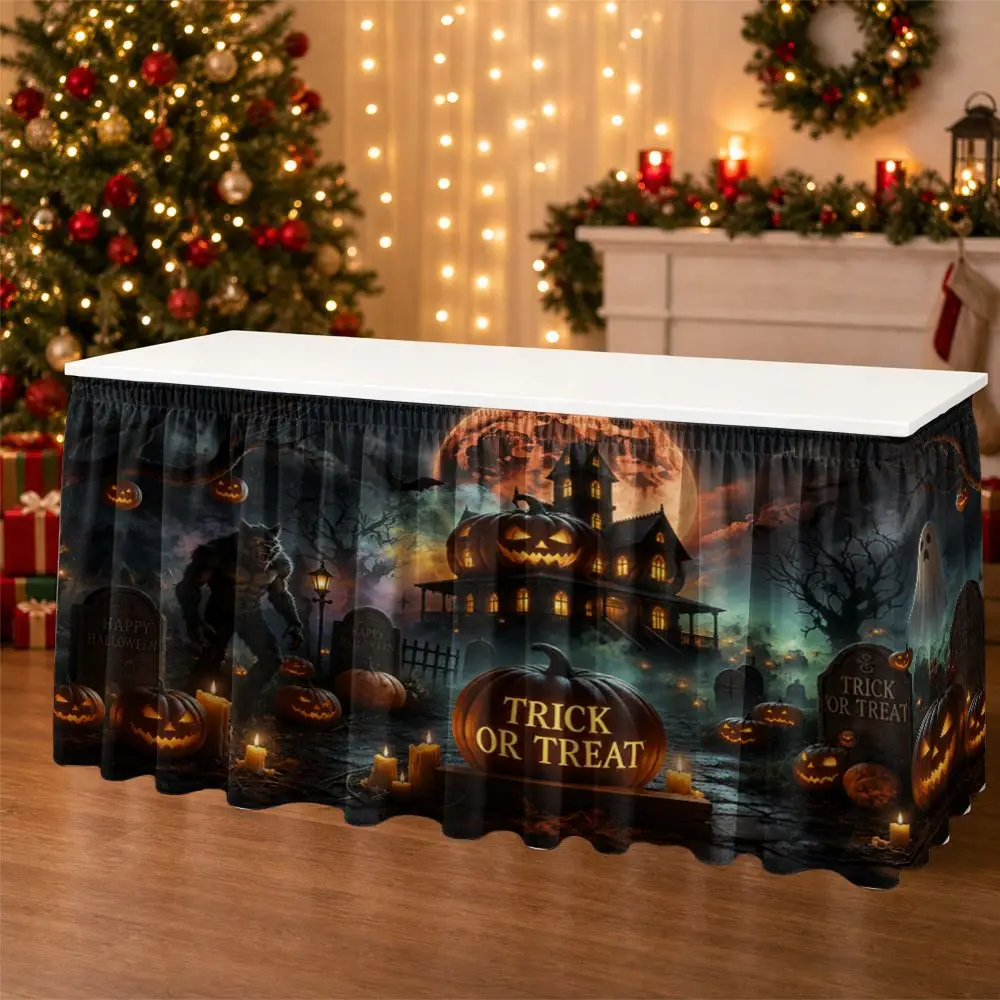 One Halloween party table skirt, 2D flat Halloween pumpkin ghost haunted house scene for home decoration.