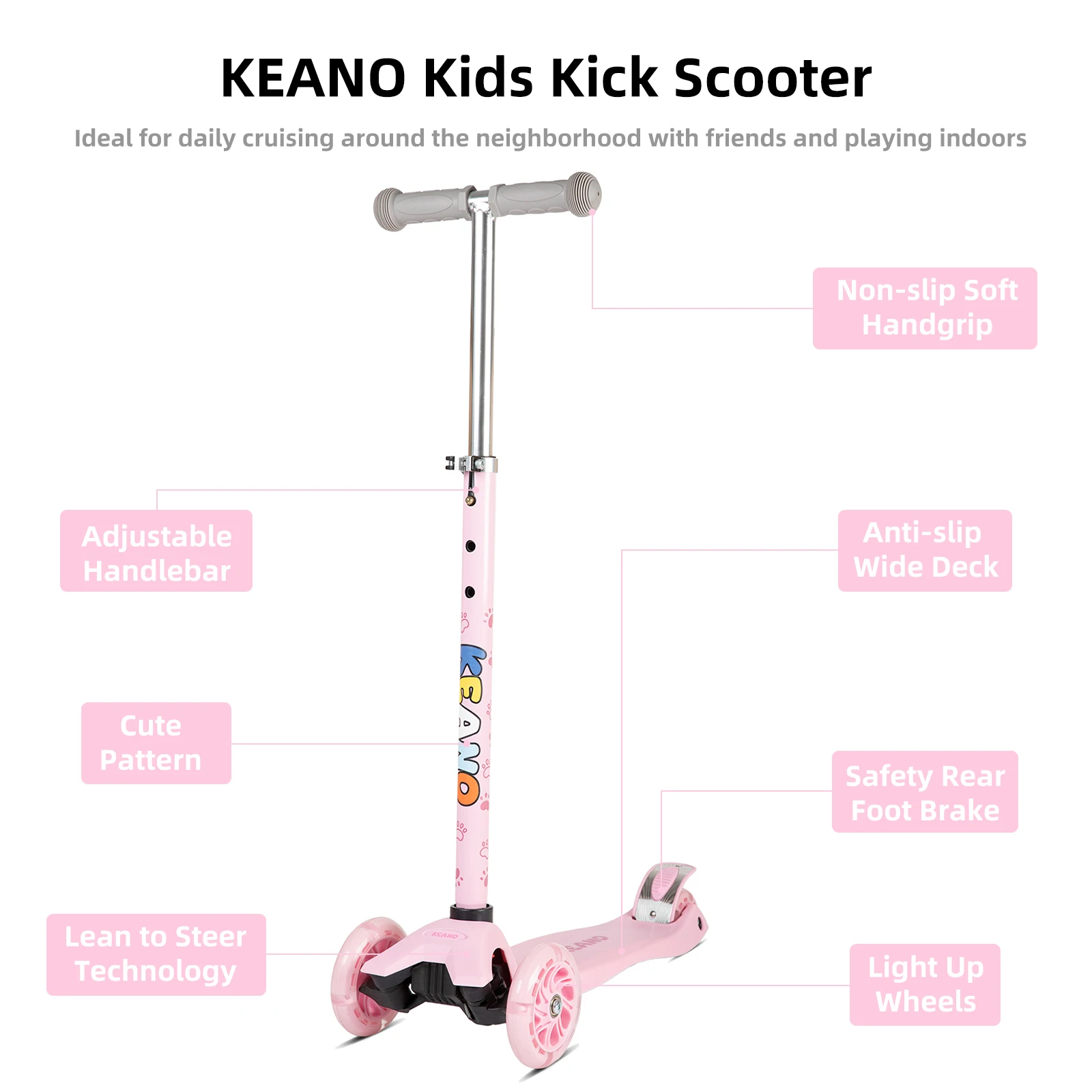 KEANO Kick Scooter for Boys & Girls, Kids and Toddler 3 Wheel Scooter with Light Up Wheels, Adjustable Handlebars, Brake, Pink