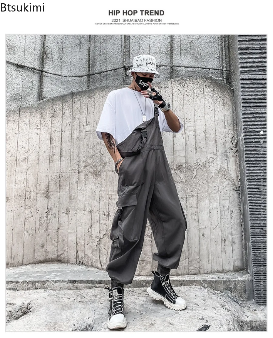 2025 New Men's Jumpsuits Fashion Casual Loose Wide Leg Overalls Streetwear Solid Insert Pockets Vintage Hip Hop Strap Pants Male