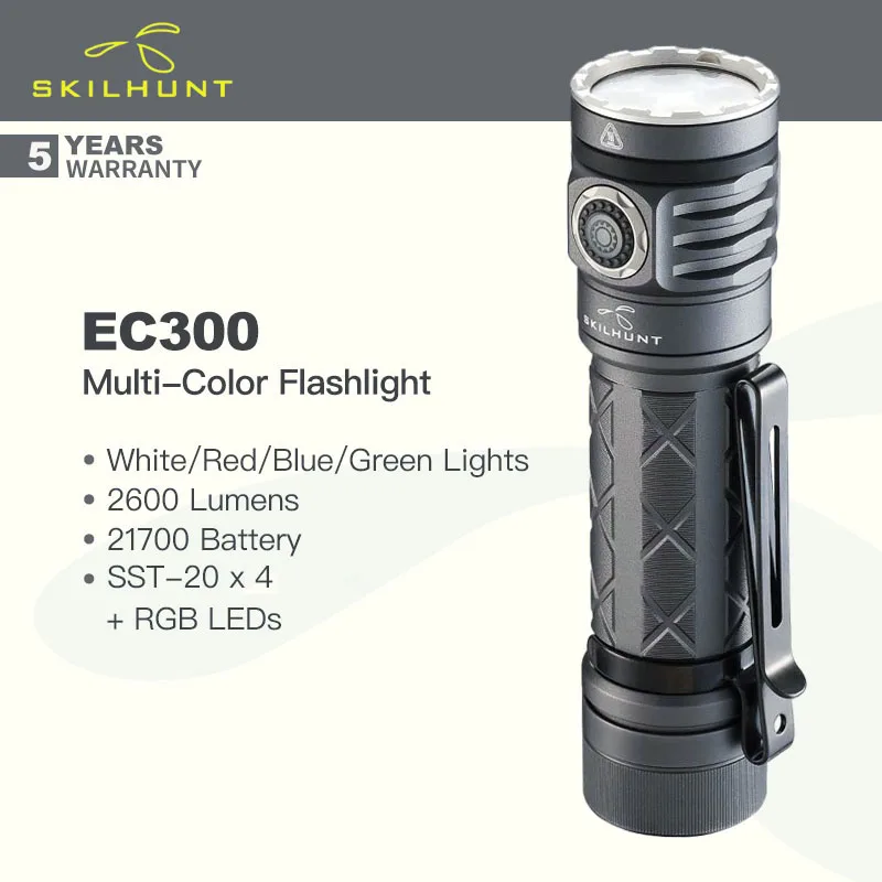 

Skilhunt EC300 4 in 1 Flashlight, White/Red/Blue/Green 4pcs LED Sources, 2600 Lumens, 21700 Battery, Type-C Charge, Multi-color