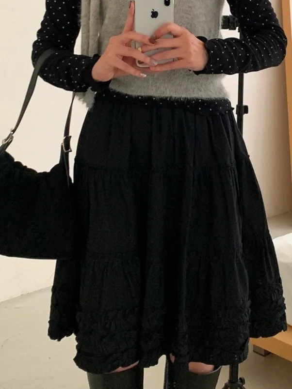 

Korean Sweet Ruffle Hem Splice Cake Skirt High Waist Slimming Gentle A-Line Skirt for Women Elastic Waist Spring Season