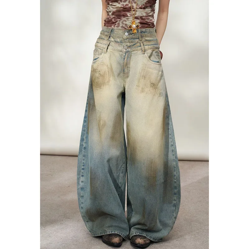 Women Vintage Double Waist Unique Denim Jeans Lady New High‑Waist Versatile Floor‑Length Straight Wide‑Leg Trousers