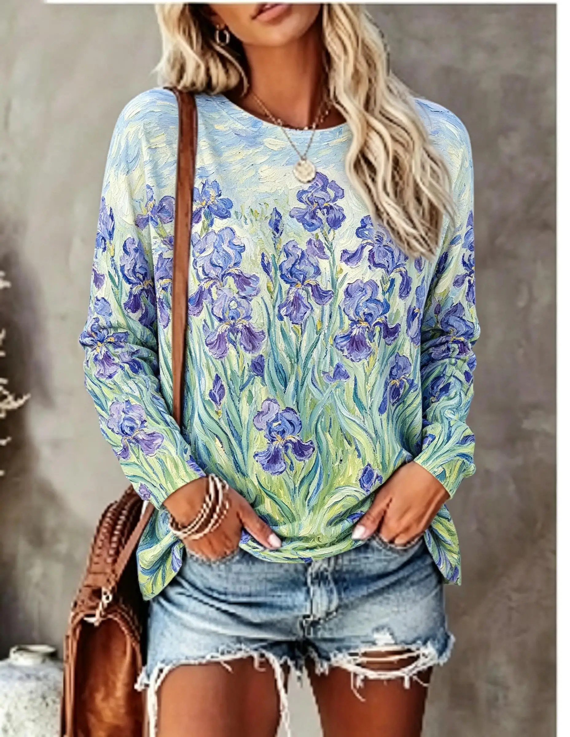 Women Long Sleeve T Shirt Van Gogh Starry Night Oil Painting Art Print Crew Neck Casual Fall Tops