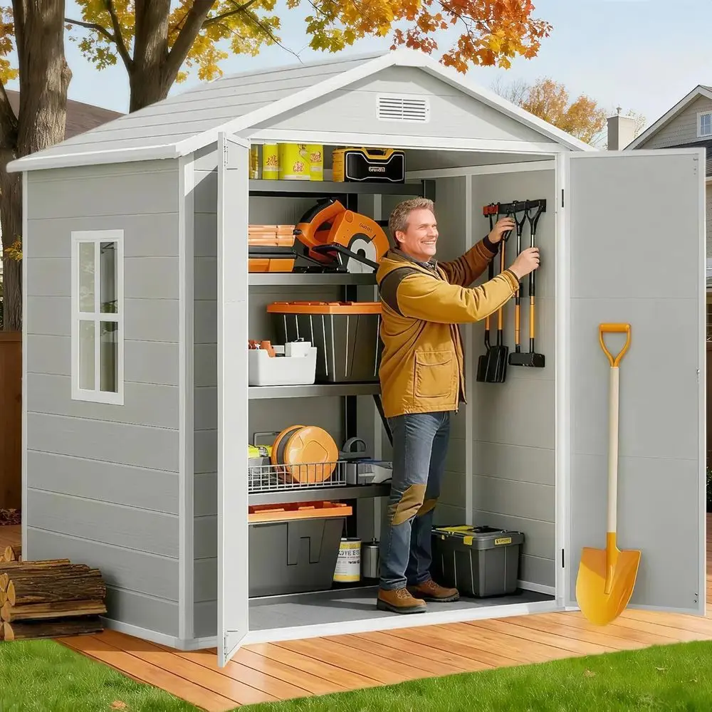 

Outdoor Resin Storage Shed: 6x4.4 FT Floored, Lockable, Weather-Resistant Plastic Shed for Patio Furniture, Garden Tools, and Se