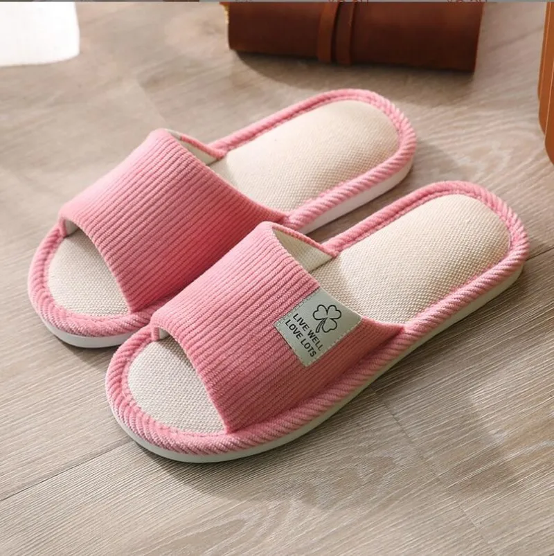 Sandal korduroi dalam ruangan wanita, sepatu selop lantai datar nyaman Anti licin rumah Linen uniseks untuk pria dan wanita