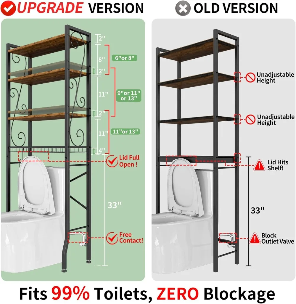 

4-Tier Over-The-Toilet Storage Rack, Adjustable Wooden Shelves with Basket, Freestanding Bathroom Organizer for Small Spaces