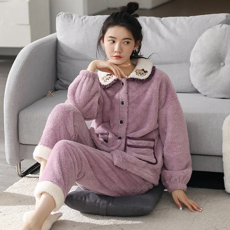 

Cartoon Sleep Set With Buttons Turn-down Collar Nightgown Pajamas Pour Femme Home Clothes Two Pieces Shirt&Pants Suit Lingerie