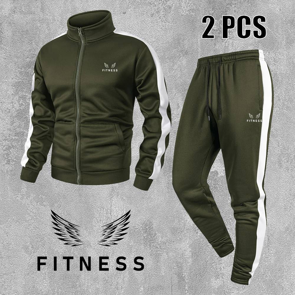 Men's Wings And Word Print Tracksuit Zippered Stand Collar Jacket With Drawstring Trousers For Daily Casual Fitness Training