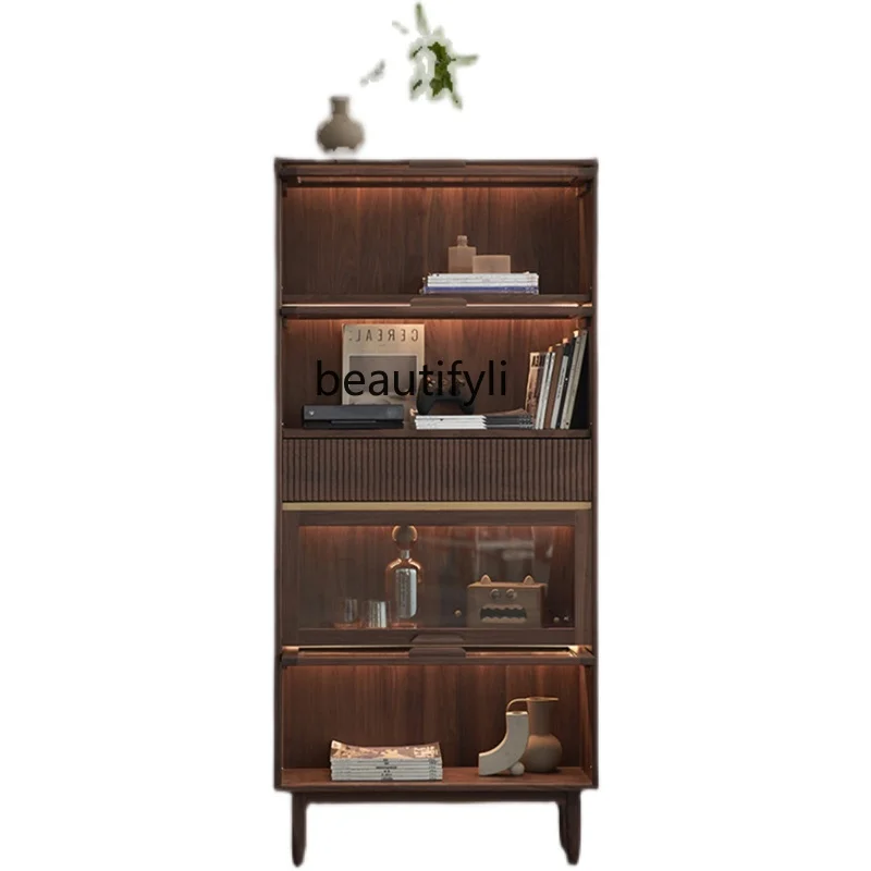 

Nordic Black Walnut Living Room Showcase Cherrywood Transparent Glass Door Display Cabinet Flip Door Wine Cabinet furniture