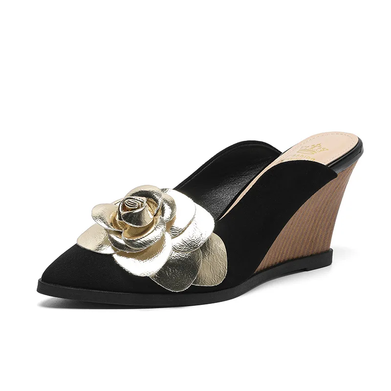 FHC New Camellia Flower Wedges Mules,Slides,Autumn High Heels Shoes,Close Pointed Toe Flock Slippers,34-40,Black,Dropship