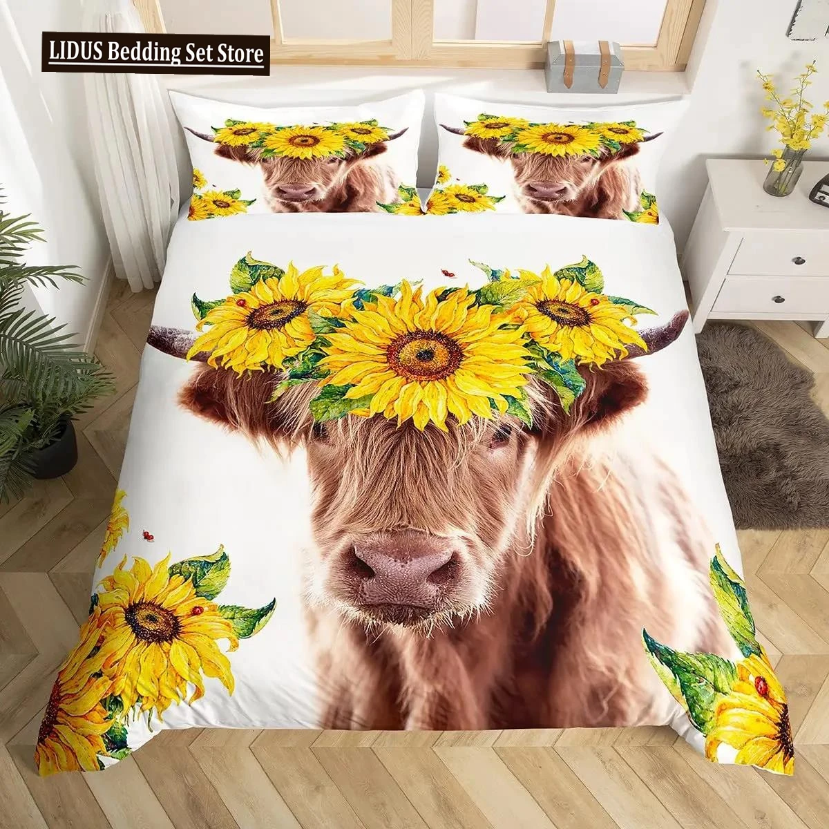 

Highland Cattle Duvet Cover Set Cute Floral Cow Twin Bedding Set Yellow Sunflower Comforter Cover Animal Polyester Quilt Cover