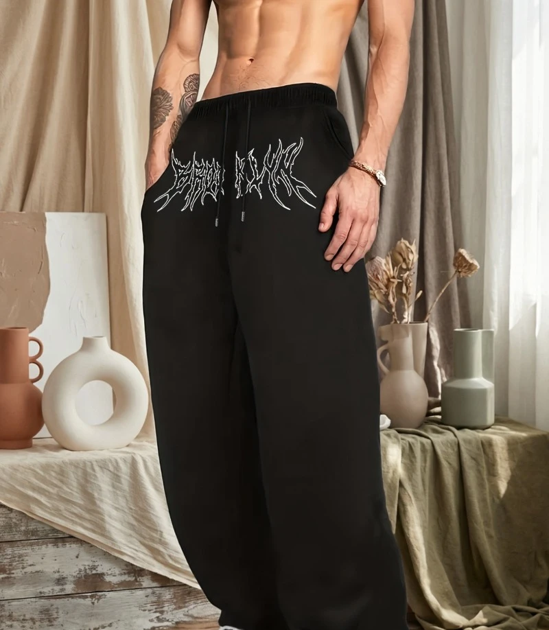 

Men's straight-leg trousers with unique dark crackle letter pattern, all-season drawstring elastic waist men pants