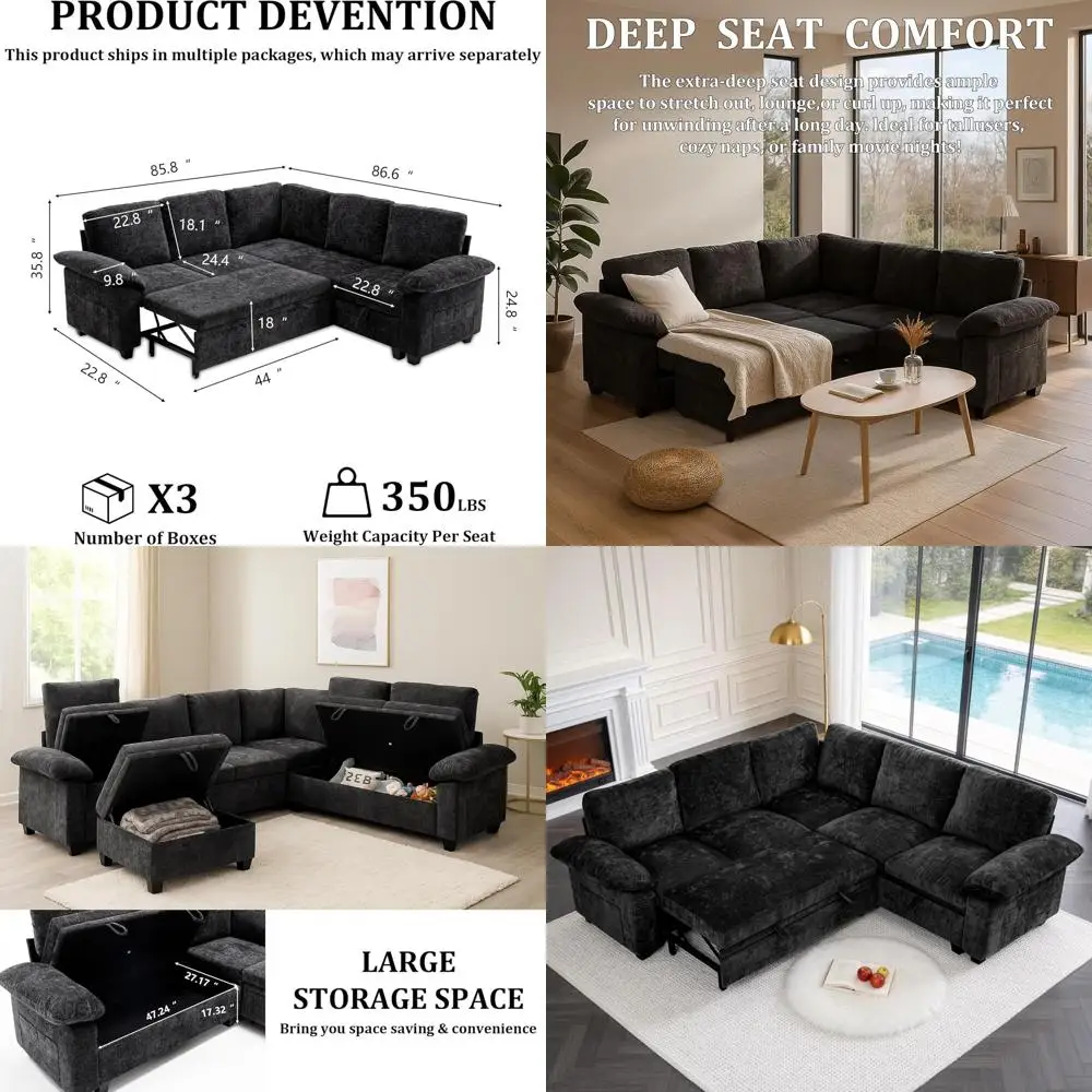 

86 Inch Sectional Sleeper L Shaped Soa with Pull Out Bed, ular Sectional Soa with Storage, ern Chenille Cloud Couch, Sectional C