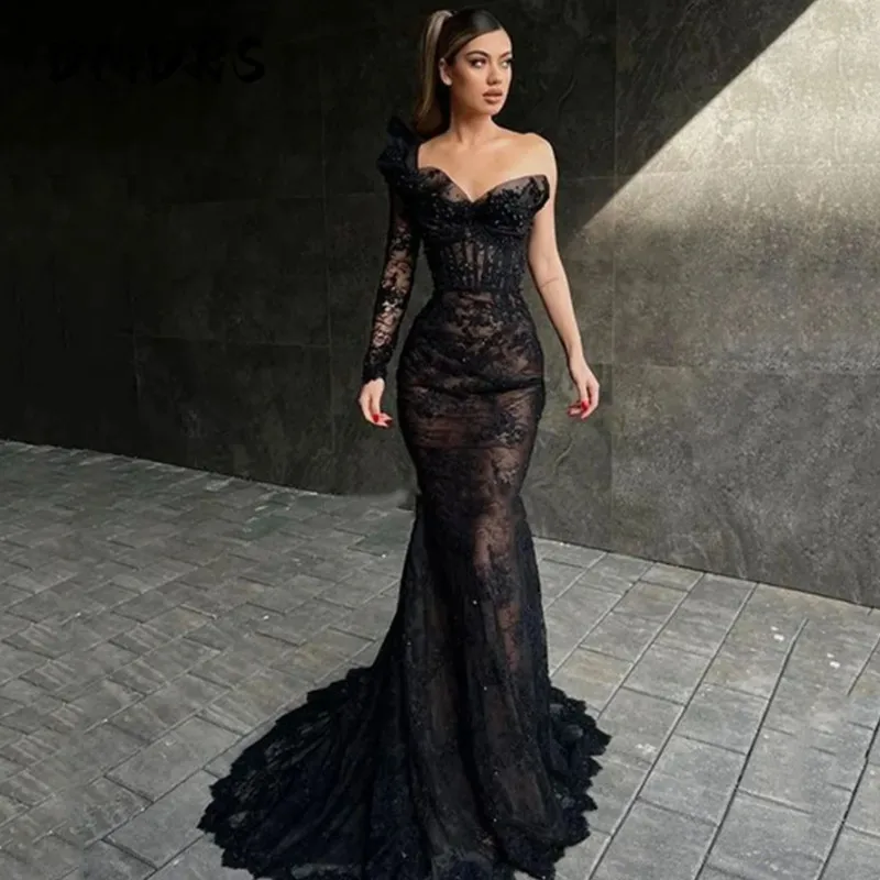 Aleeshuo sexy lange schwarze Abendkleider ein schulter ige Meerjungfrau Tüll Ballkleid Schatz Spitze Party kleider vestido de noche