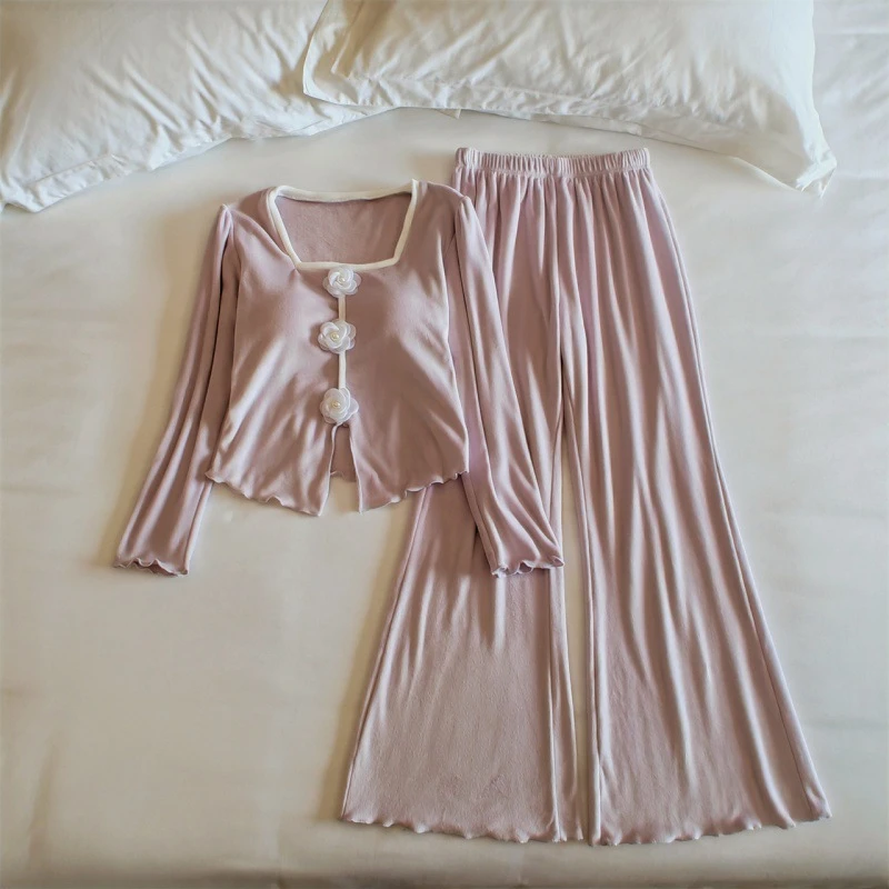 Women's 2pcs Pajama Set Double-sided Island Fleece Sleepwear Winter Warm Fluffy Pyjama Long Sleeve Pijama Mujer Pjs Homewear